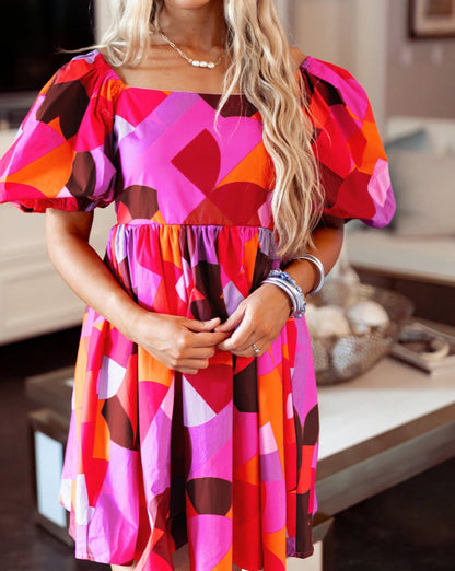 Abstract Puff Sleeve Dress