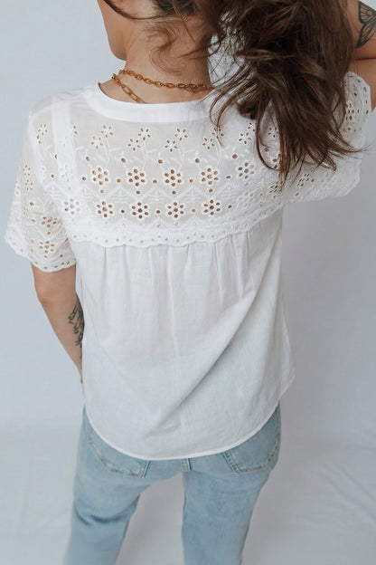 Flower Eyelet Embroidered Patchwork Sheer Shirt