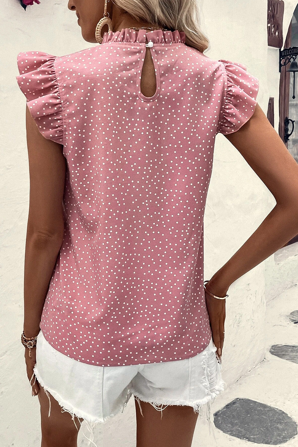 Dotted Ruffle Flutter Sleeve Blouse