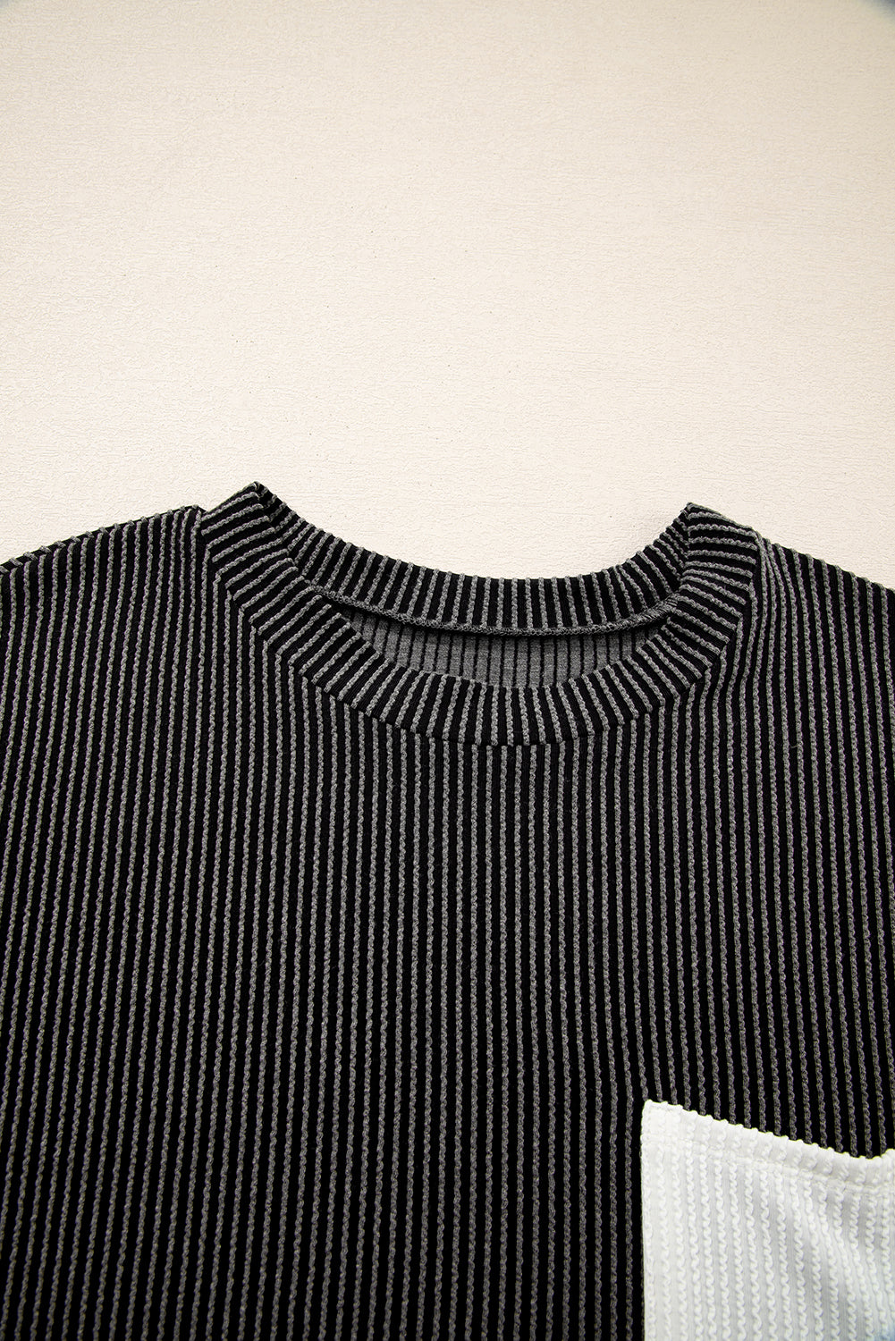 Colorblock Corded Knit Pocketed Crew Neck T-Shirt