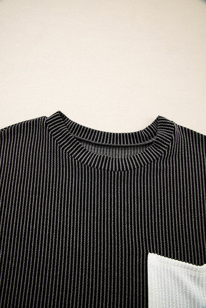 Colorblock Corded Knit Pocketed Crew Neck T-Shirt