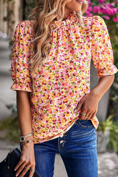 Floral Frill Mock Neck Blouse