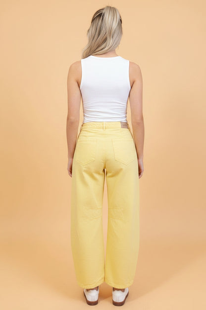 Solid Denim Grommet Tie Waist Barrel Leg Jeans