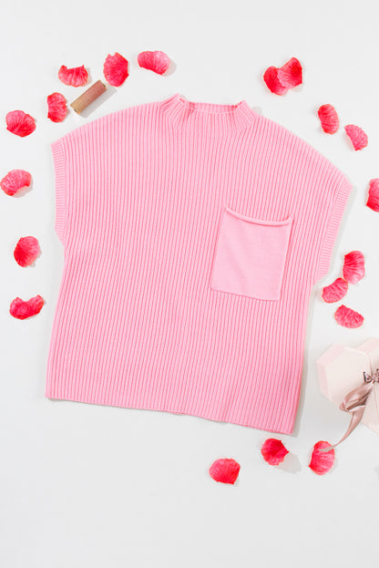 Solid Ribbed Knit Patch Pocket Short Sleeve Top