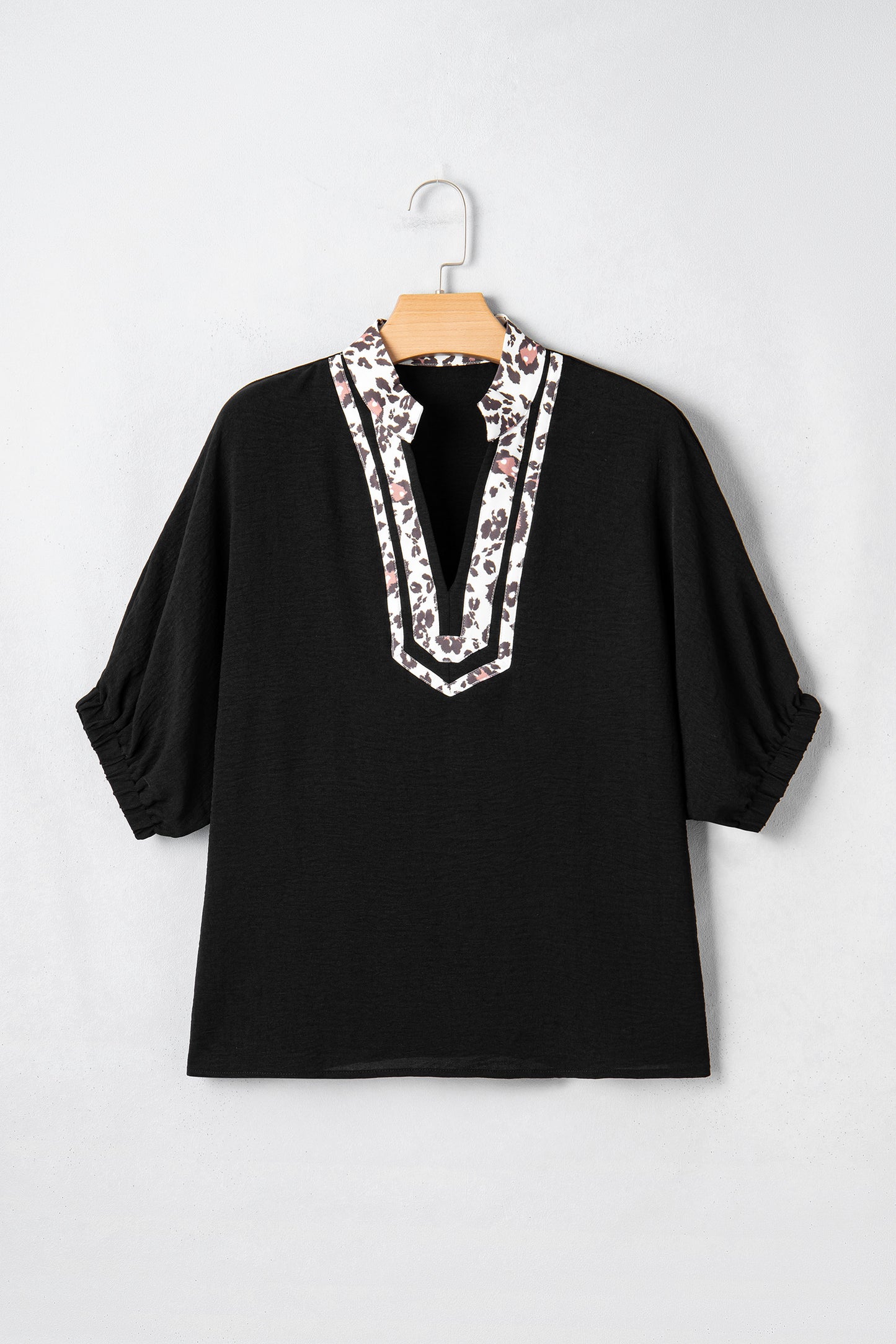 Leopard Patchwork Dolman Sleeve V-Neck Blouse