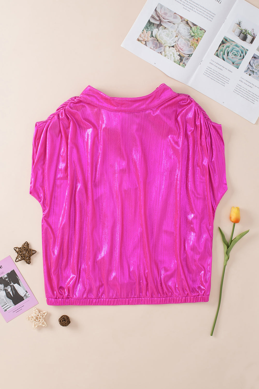 Metallic Bow Tie Ruched Sleeve Backless Blouse