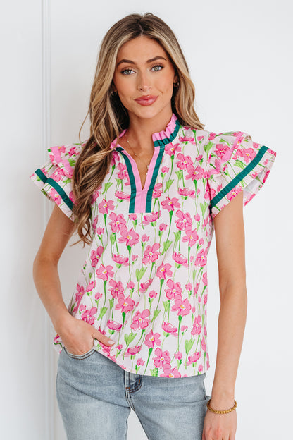 Floral Contrast Trim V-Neck Ruffle Short Sleeve Blouse