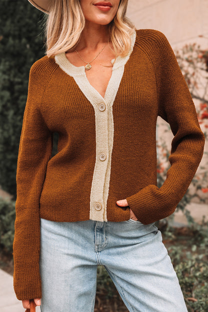 Contrast Trim Buttoned V-Neck Cropped Cardigan