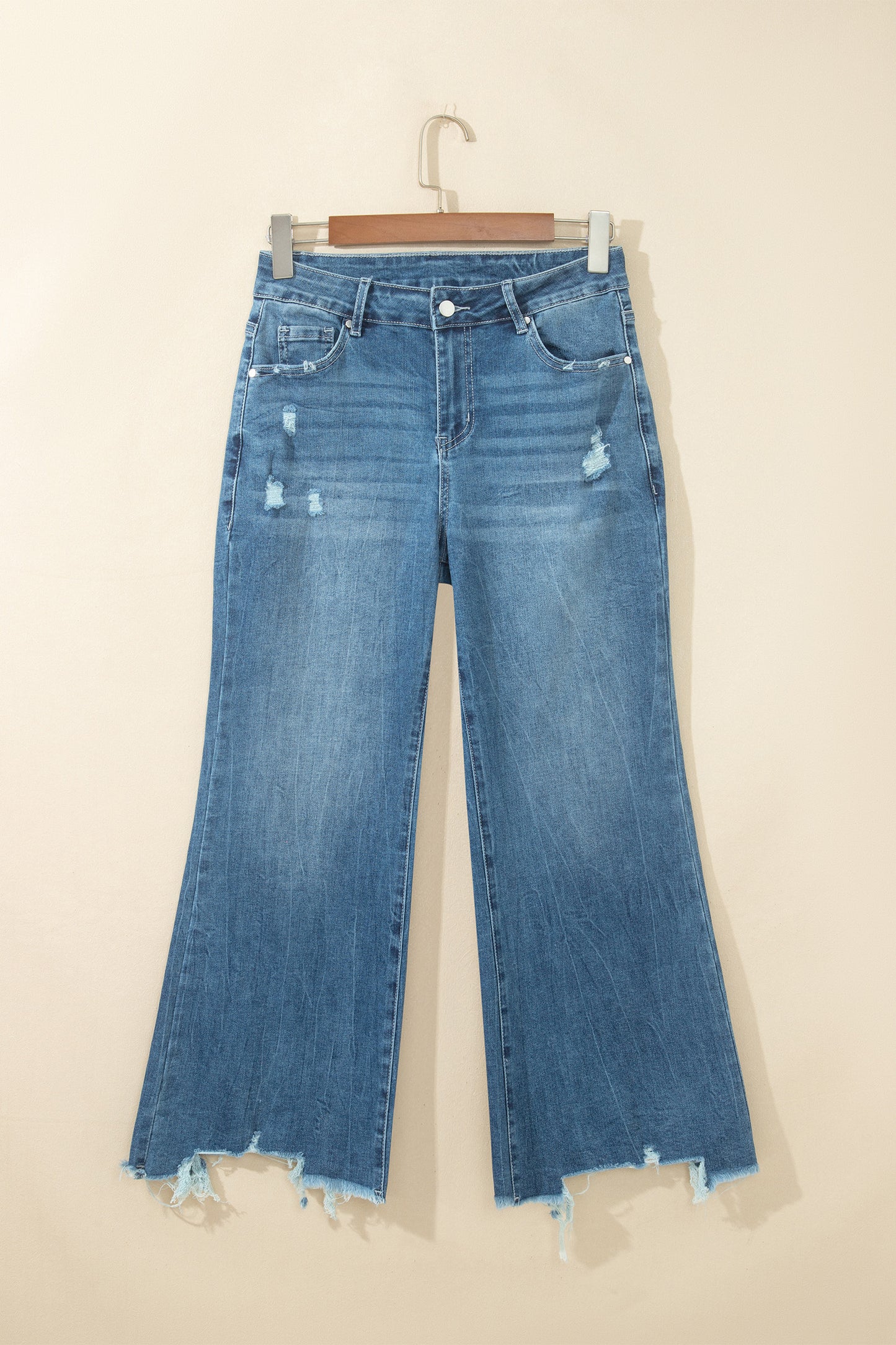 Denim High Waist Frayed Hem Flare Jeans