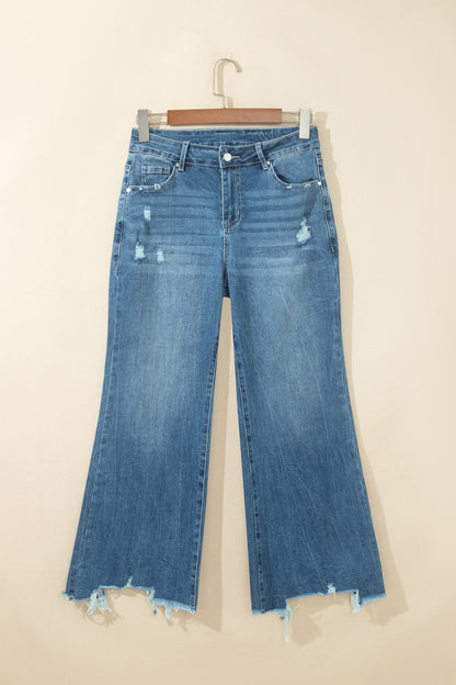 Denim High Waist Frayed Hem Flare Jeans