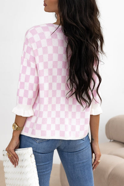 Checker 3/4 Sleeve Tie Front Cardigan