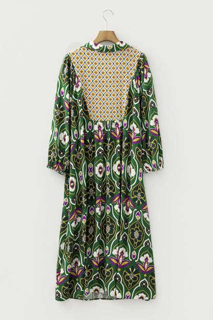 Plus Size Floral Patchwork Collared V-Neck Maxi Dress