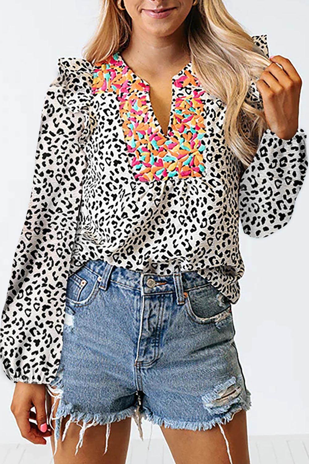 Leopard Floral Ruffle Shoulder Blouse