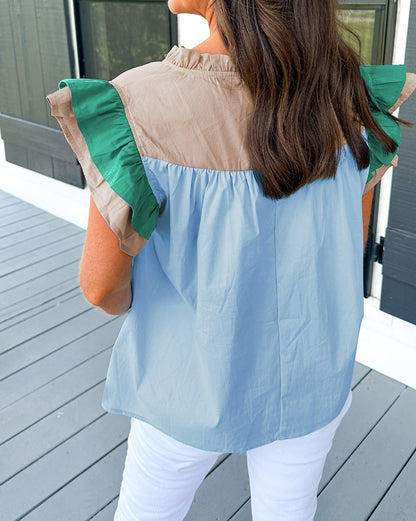 Colorblock Ruffle Sleeve V-Neck Blouse