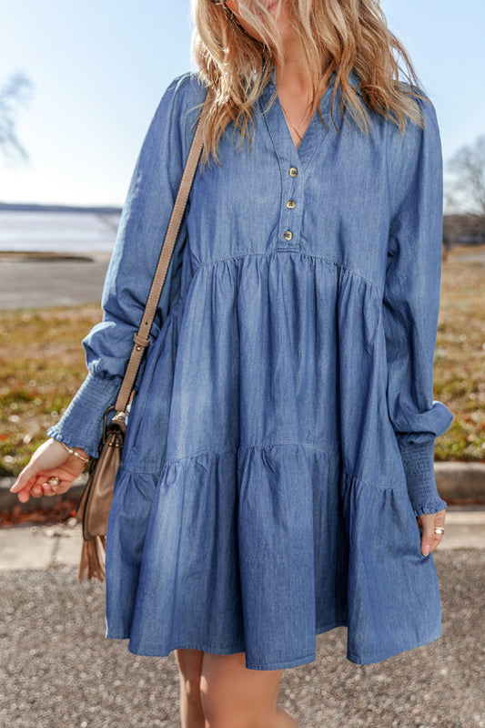 Denim Smocked Long Sleeve Mini Dress