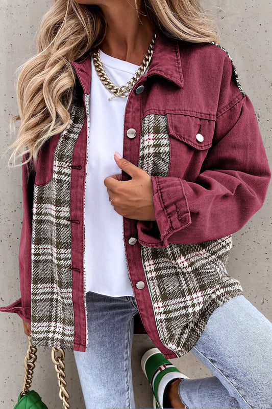 Plaid Patchwork Pockets Denim Jacket