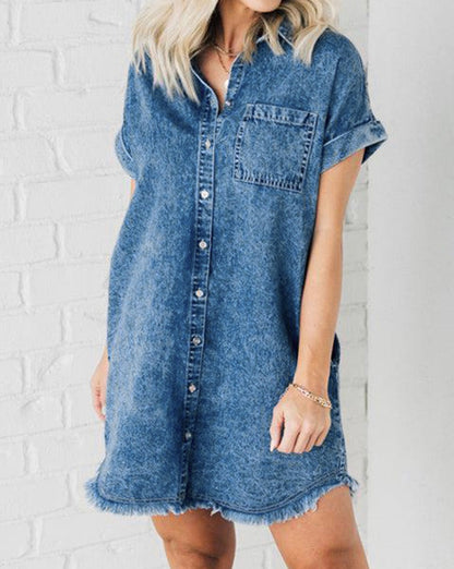 Denim Raw Edge Buttoned Dress