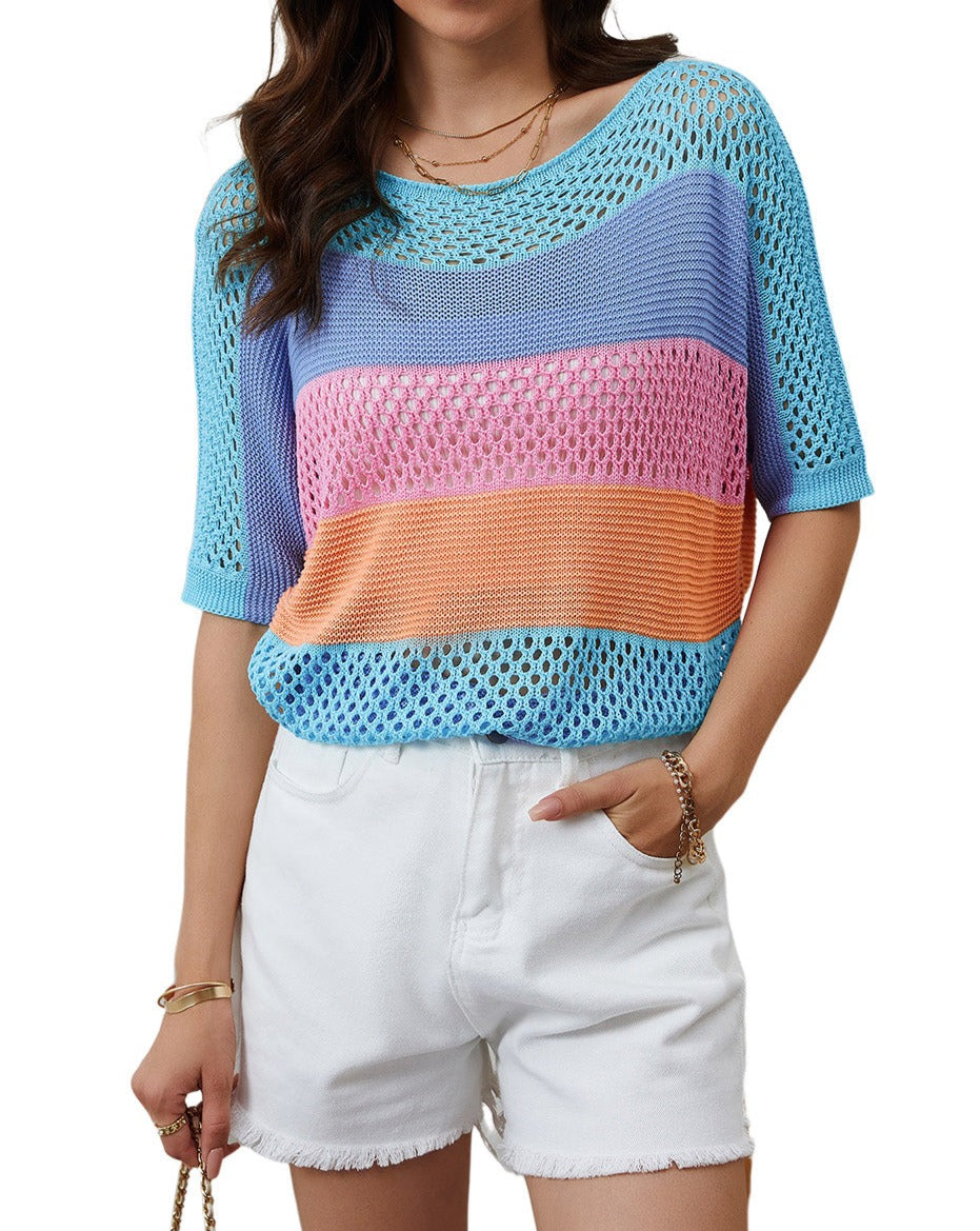 Colorblock Stripe Hollowed Knit Top