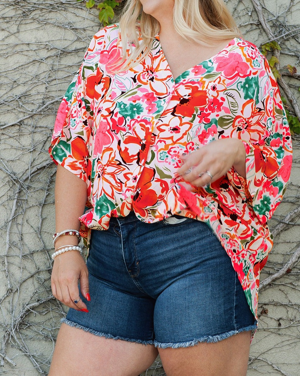 Floral Kimono Sleeve Shirt Plus Size