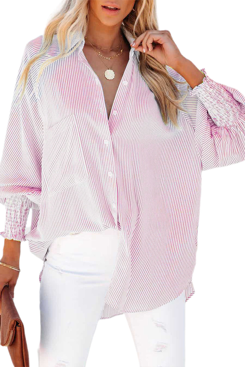 Stripe Smocked Cuff Pocketed Shirt