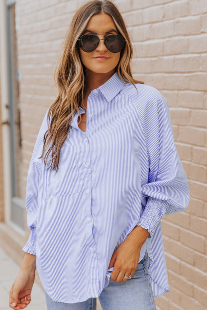 Stripe Smocked Long Sleeve Button-Up Shirt