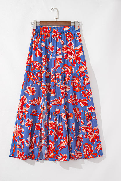 Boho Floral Tiered Side Slit Maxi Skirt