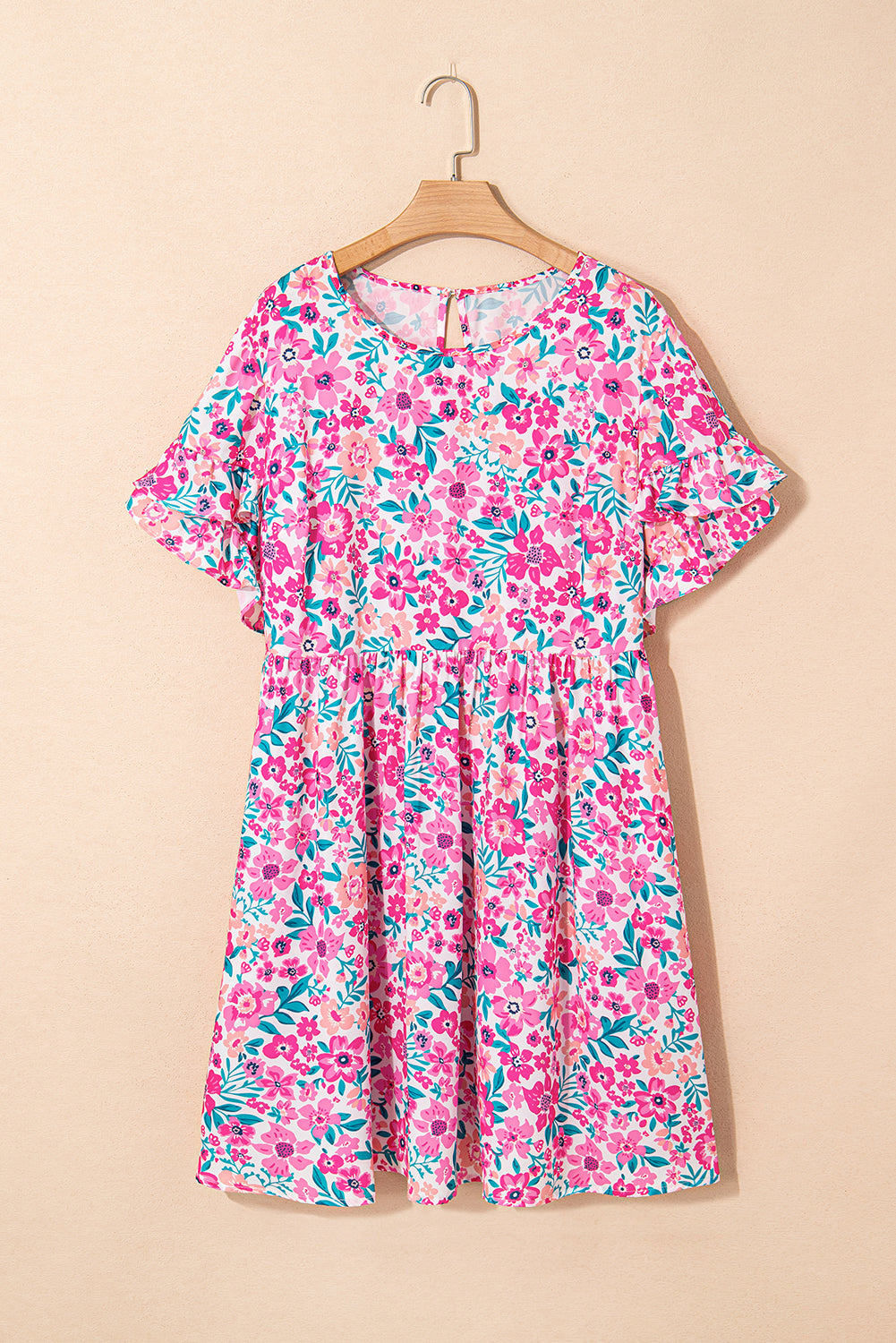 Plus Size Floral Frilled Short Sleeve Mini Dress