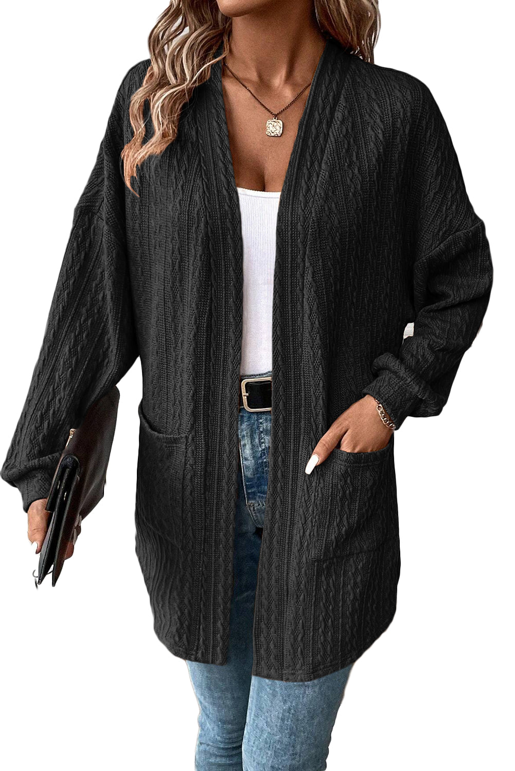 Texture Knit Open Front Cardigan