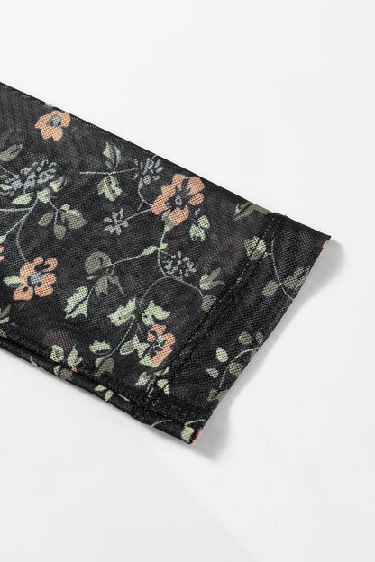 Black Floral Print Mesh Tank Button Front Slim Cardigan 2pcs Set