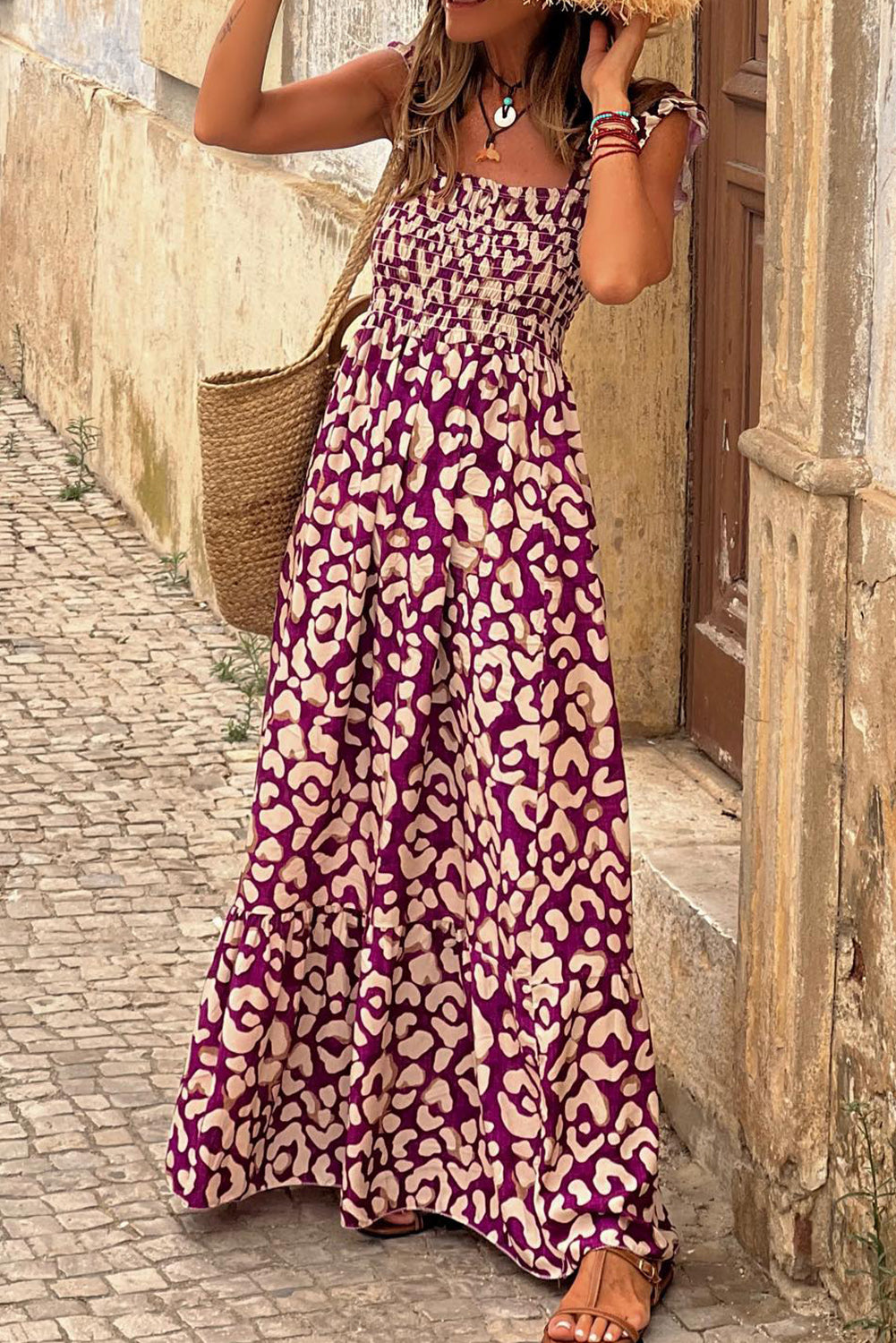 Leopard Ruffle Straps Maxi Dress