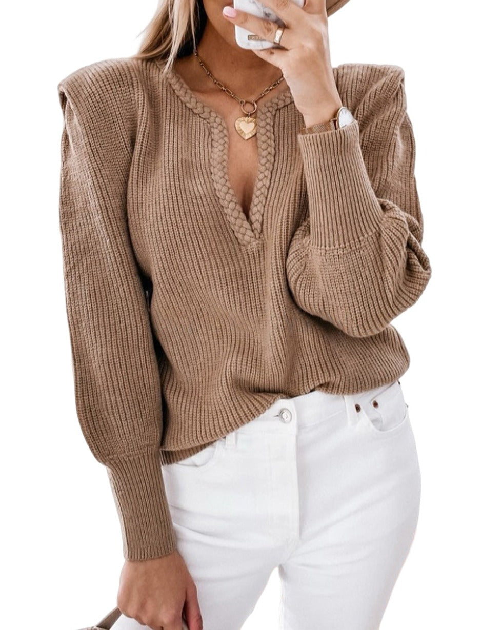 Braided Trim Puff Sleeve Sweater