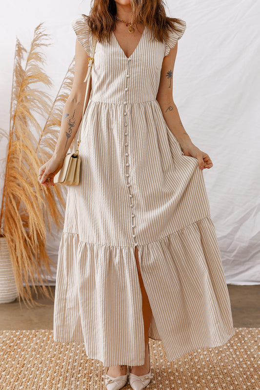 Stripe Flutter Sleeve Buttoned V-Neck Maxi Dress