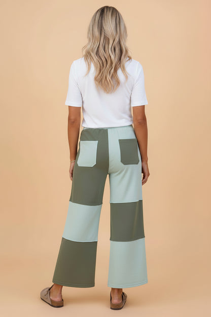 Colorblock Raw Seam Drawstring Wide Leg Pants