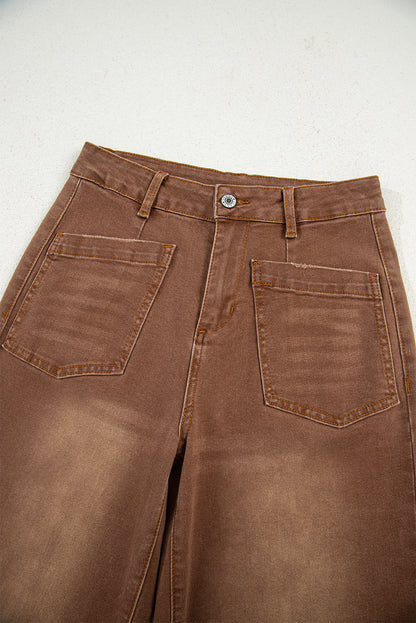 Denim High Waist Patch Pocket Straight Leg Jeans