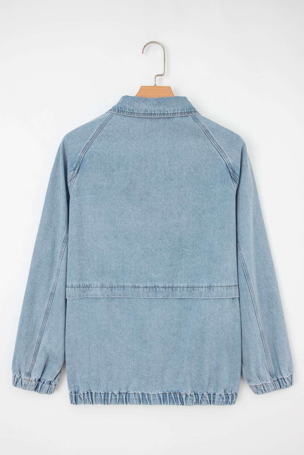 Denim Collared Zip-Up Elastic Edge Pocketed Jacket