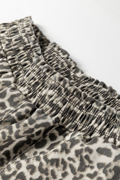 Leopard Denim Raw Hem Elastic Waist Loose Jeans