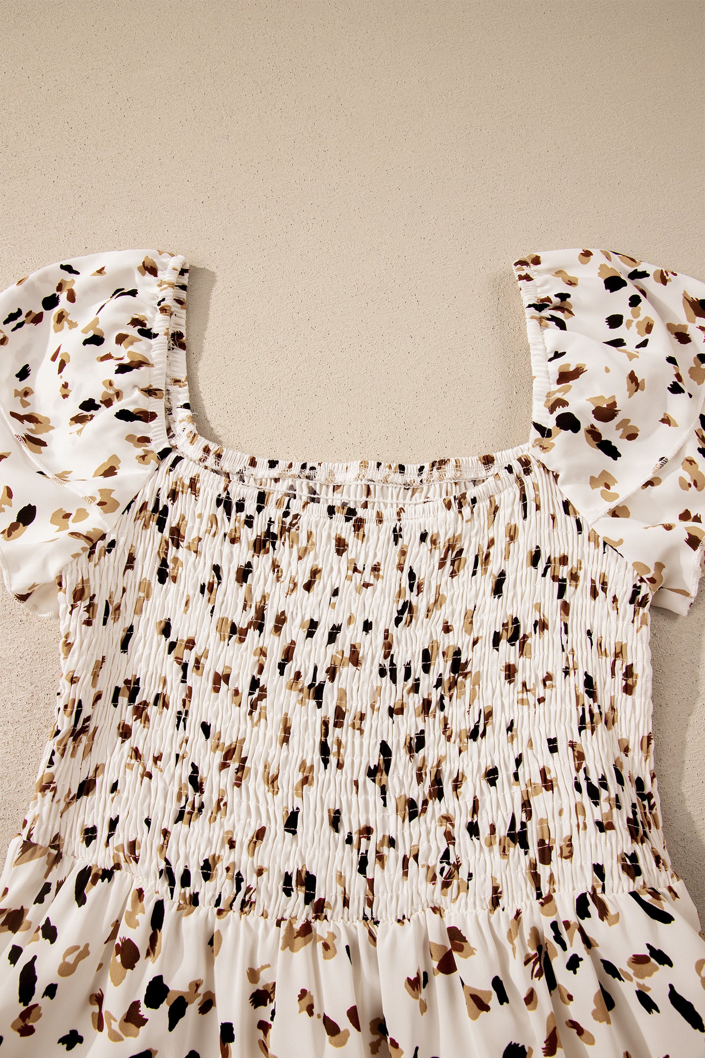 Leopard Smocked Square Neck Ruffle Sleeve Dress