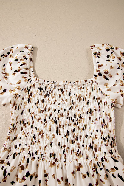 Leopard Smocked Square Neck Ruffle Sleeve Dress