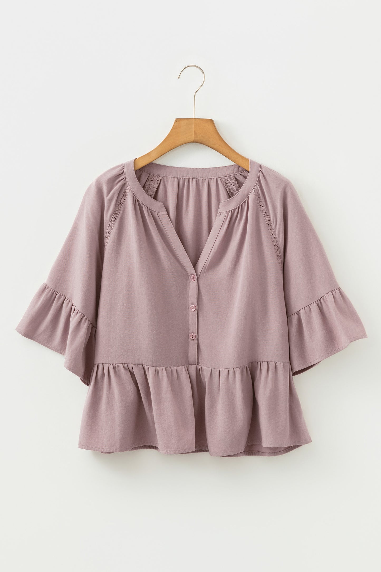 Solid Split V-Neck Ruffle Sleeve Peplum Blouse