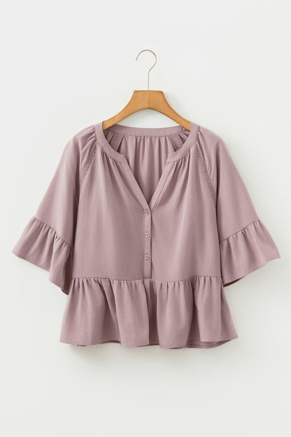 Solid Split V-Neck Ruffle Sleeve Peplum Blouse