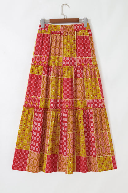 Paisley Ruffle Tiered Pocketed Maxi Skirt