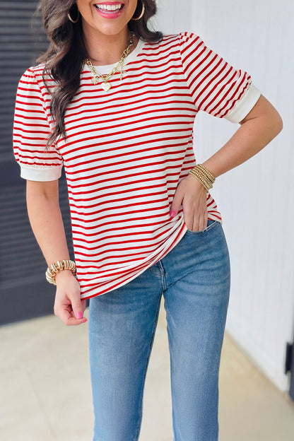 Stripe Contrast Trim Round Neck Puff Sleeve T-Shirt