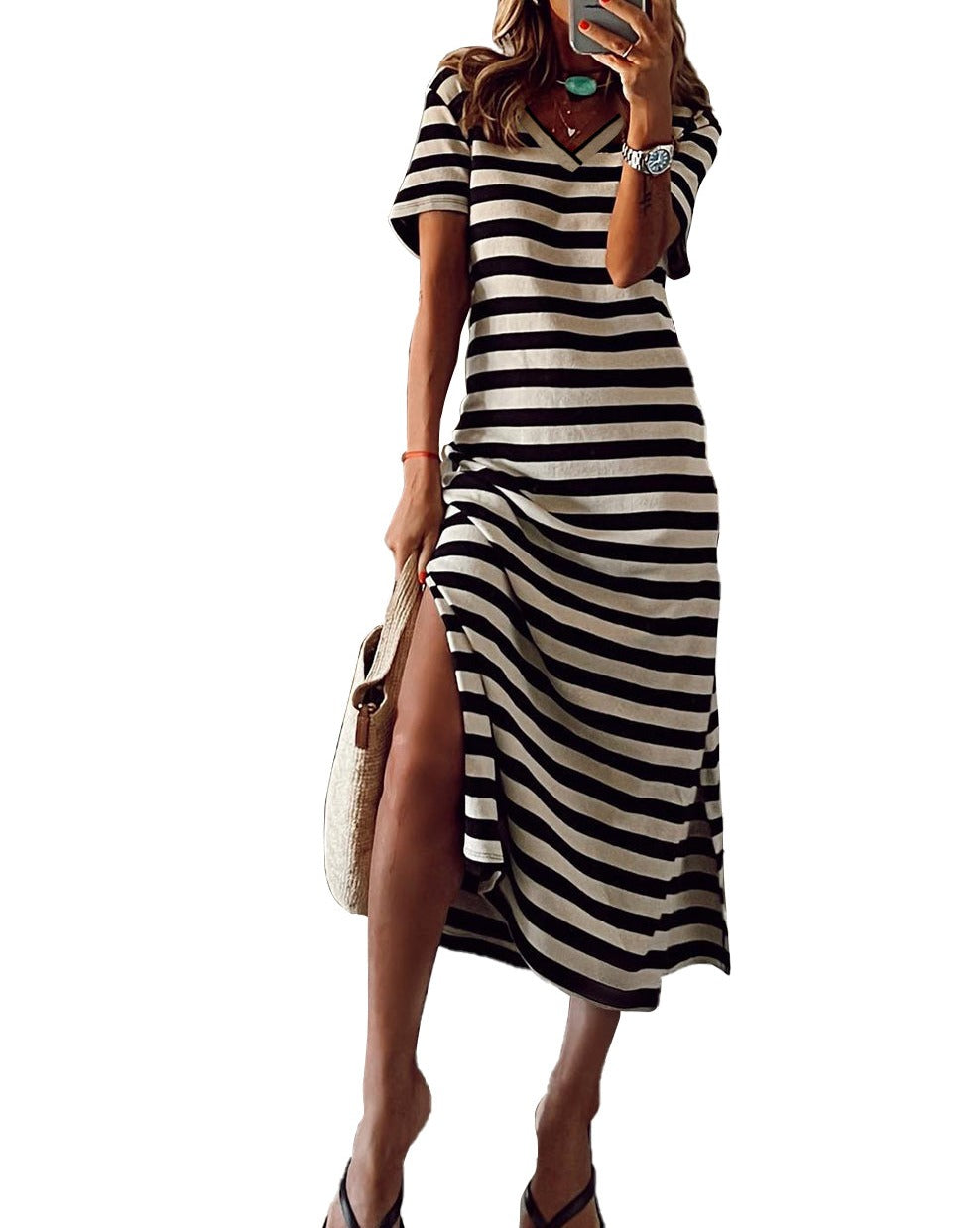 Stripe Side Slit Maxi Dress