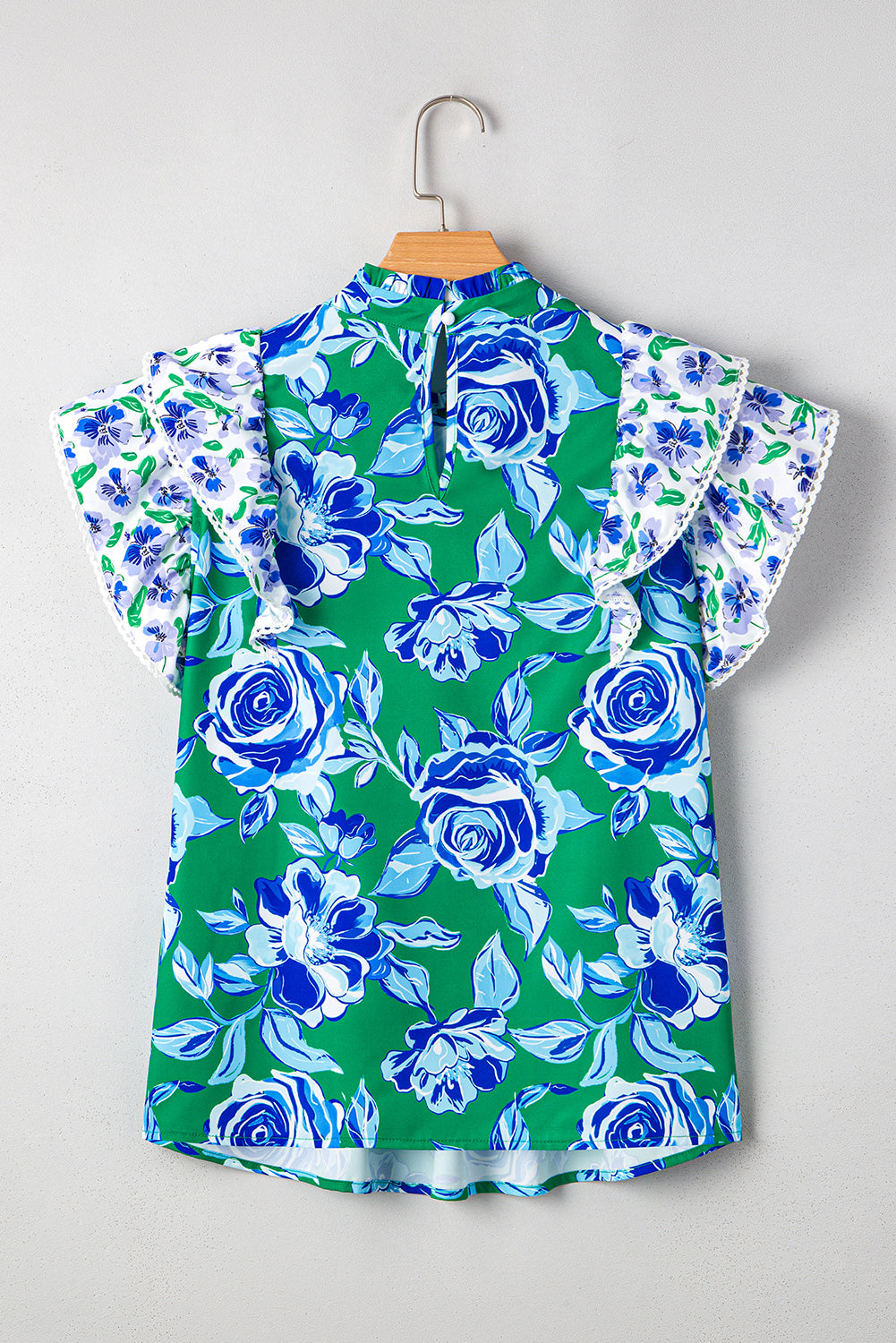 Floral Lace Trim Ruffle Sleeve Pleated Blouse