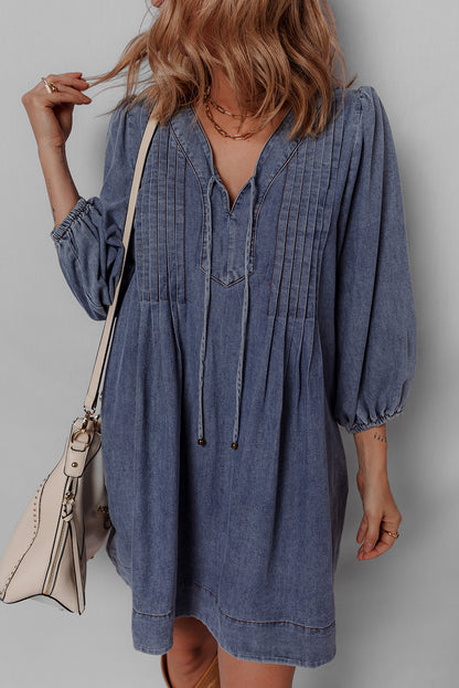 Denim 3/4 Sleeve Tied V-Neck Pleated Mini Dress
