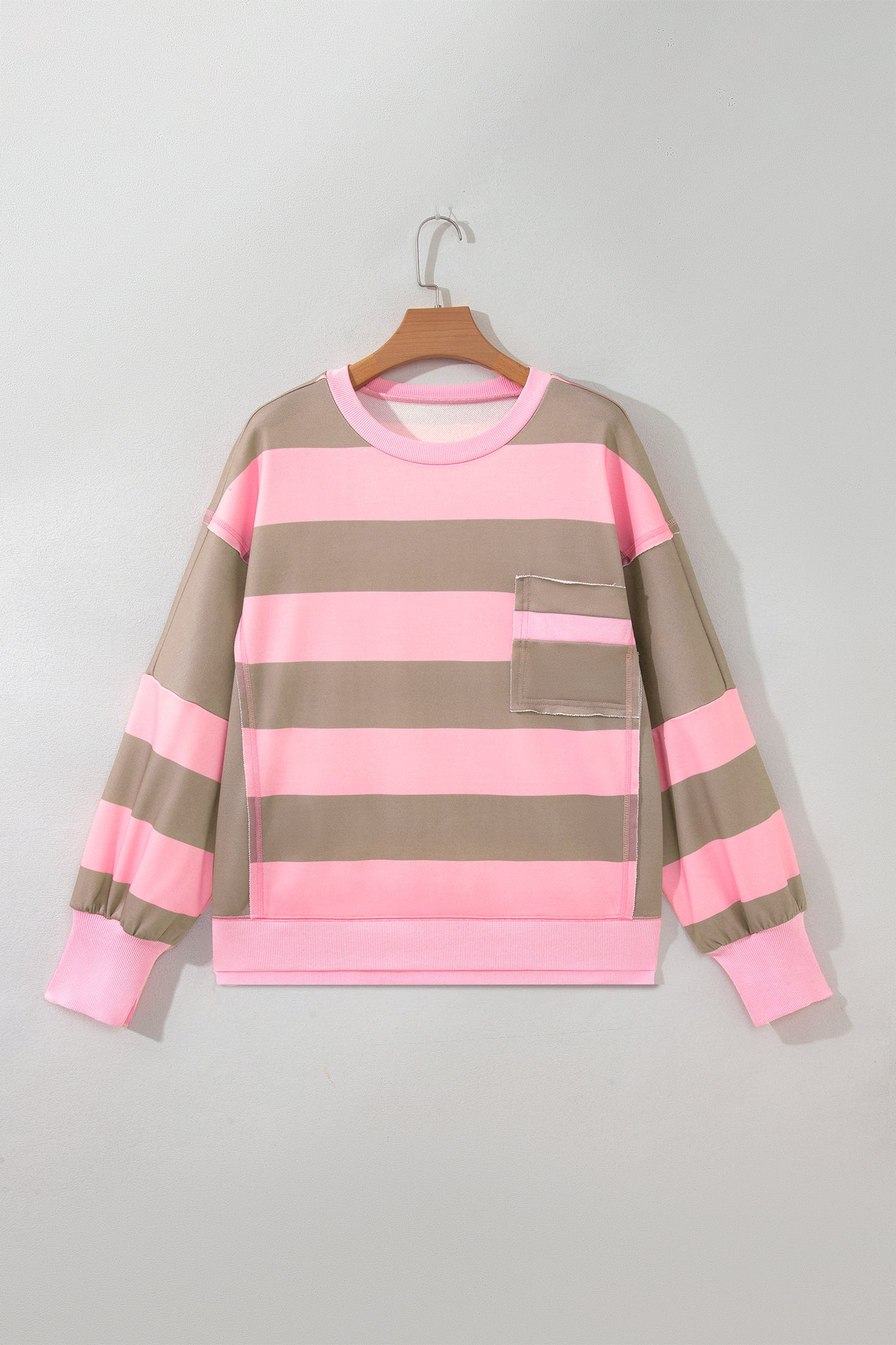 Stripe Colorblock Patch Pocket Long Sleeve Oversized Sweatshirt
