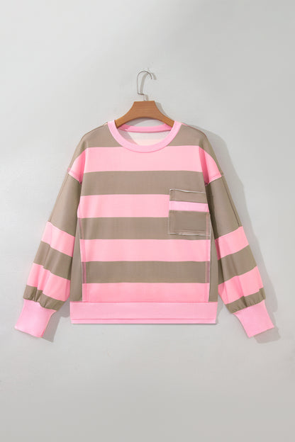 Stripe Colorblock Patch Pocket Long Sleeve Oversized Sweatshirt