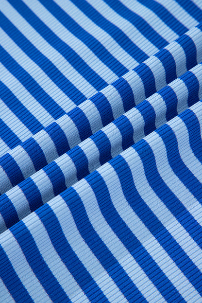 Stripe Ribbed Cap Sleeve Round Neck T-Shirt