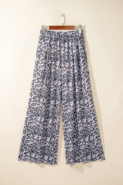 Leopard Elastic Waist Raw Hem Wide Leg Pants