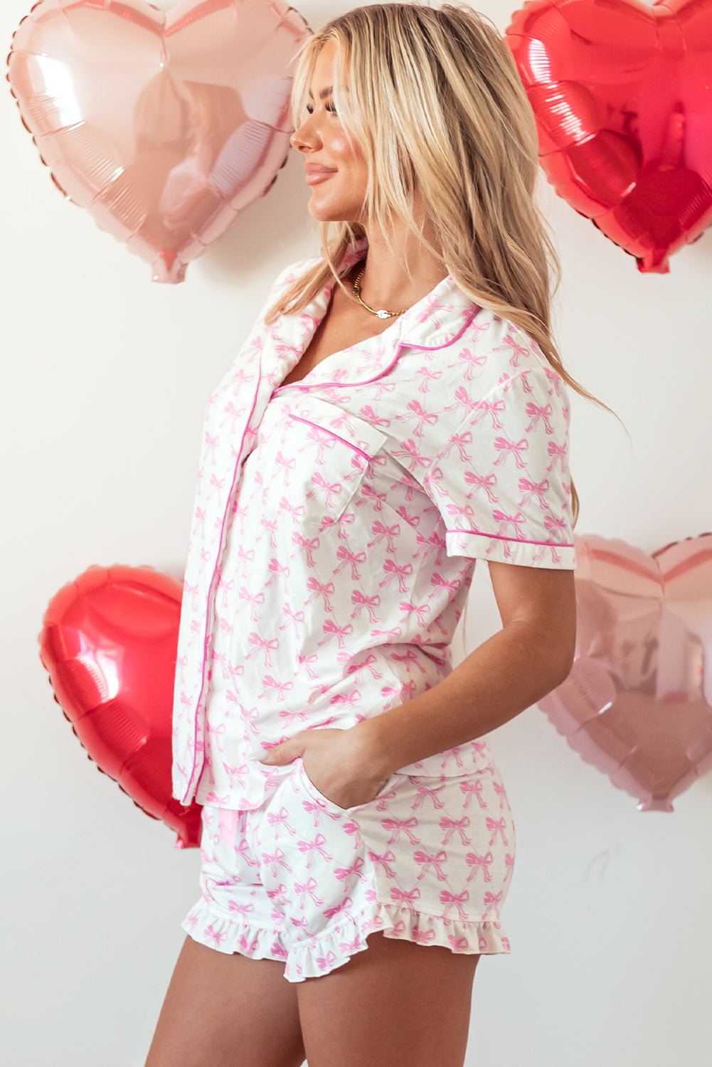 Bow Short Sleeve Top and Shorts Pajama Set